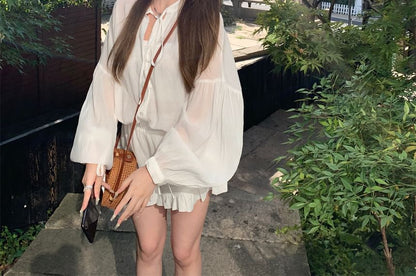 Plain / Puff-Sleeve Shorts Ruffle High Shirt Lace-Up Waist
