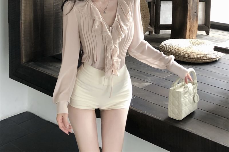 Lace Ruffle Trim Plain V-Neck Puff-Sleeve Blouse