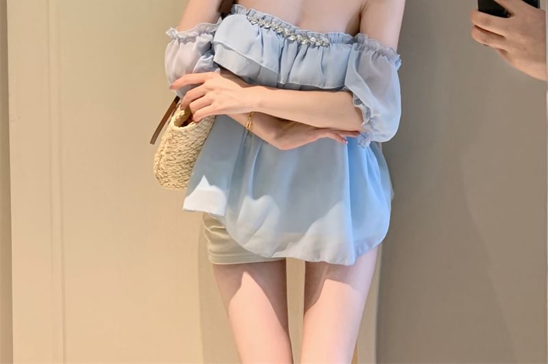 Ruffle Blouse Rhinestone Off-Shoulder Puff-Sleeve Plain