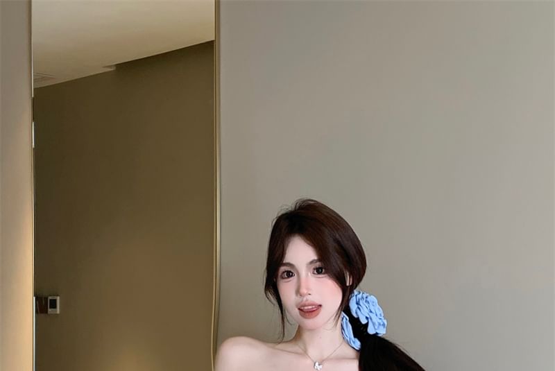 Ruffle Blouse Rhinestone Off-Shoulder Puff-Sleeve Plain