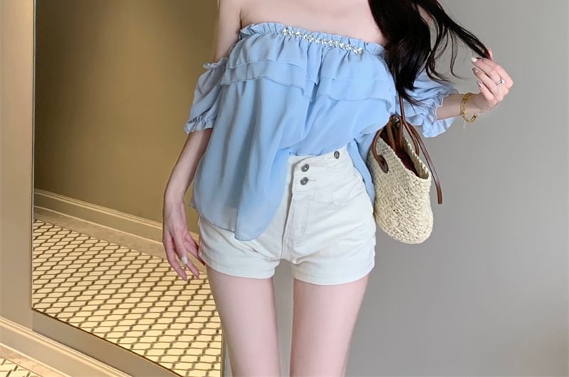 Ruffle Blouse Rhinestone Off-Shoulder Puff-Sleeve Plain