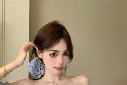 Ruffle Blouse Rhinestone Off-Shoulder Puff-Sleeve Plain