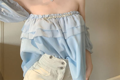 Ruffle Blouse Rhinestone Off-Shoulder Puff-Sleeve Plain
