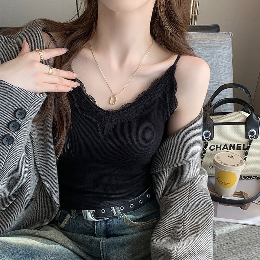 Plain Ribbed Lace Camisole Padded Top Trim