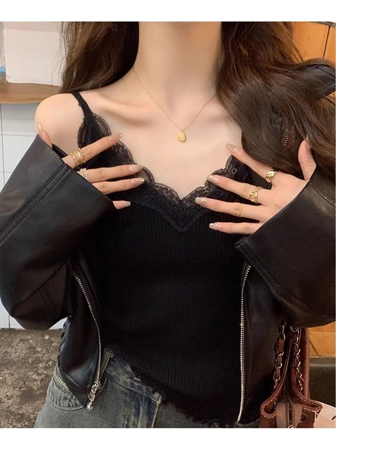 Plain Ribbed Lace Camisole Padded Top Trim