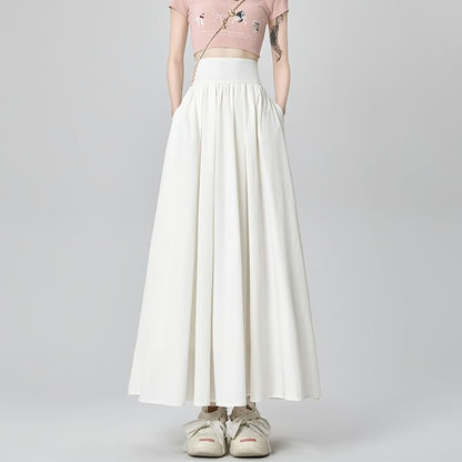 Plain High Skirt A-Line Midi Pleated Waist
