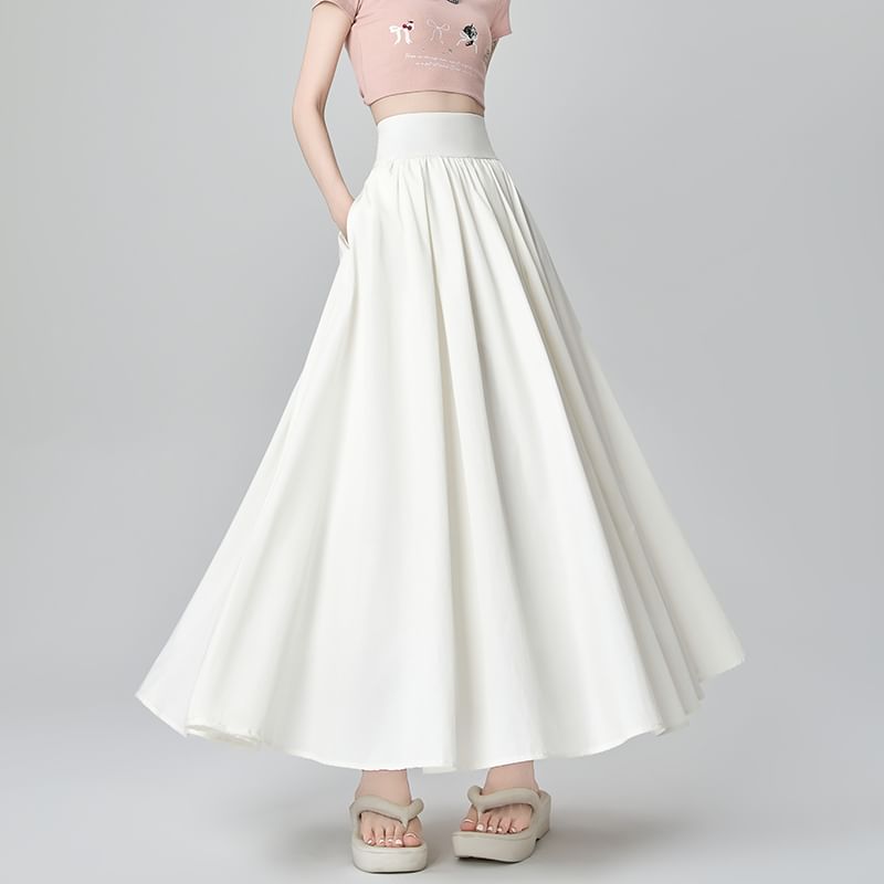 Plain High Skirt A-Line Midi Pleated Waist