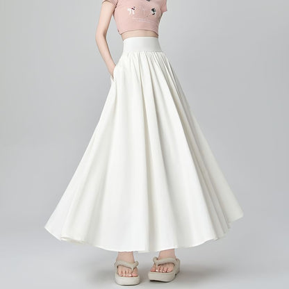 Plain High Skirt A-Line Midi Pleated Waist
