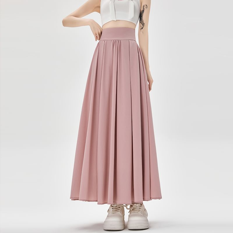 Plain High Skirt A-Line Midi Pleated Waist