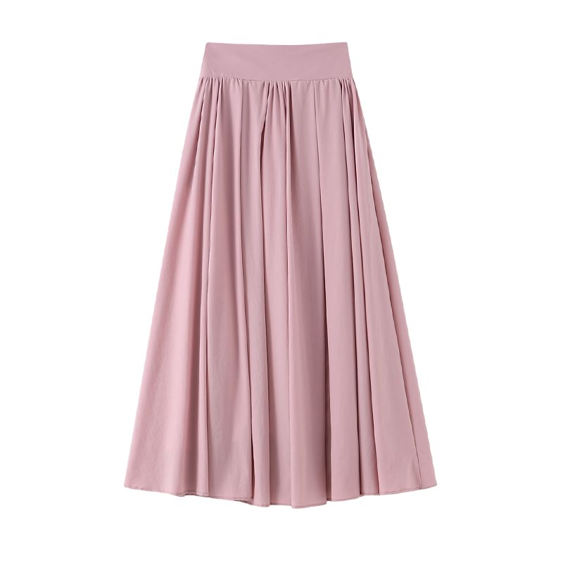 Plain High Skirt A-Line Midi Pleated Waist