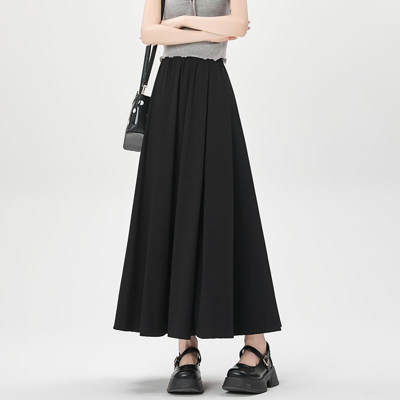 Plain High Skirt A-Line Midi Pleated Waist