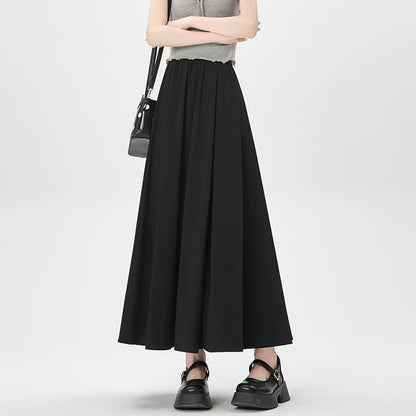 Plain High Skirt A-Line Midi Pleated Waist