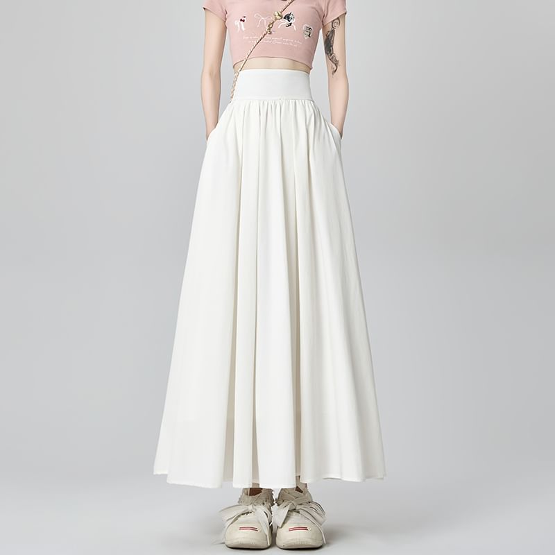 Plain High Skirt A-Line Midi Pleated Waist