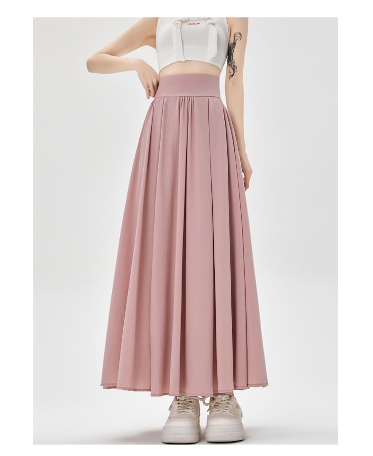 Plain High Skirt A-Line Midi Pleated Waist