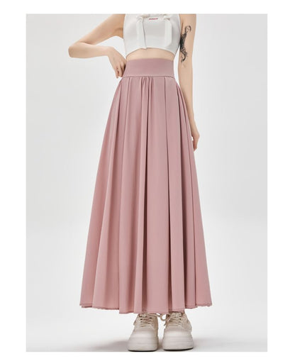 Plain High Skirt A-Line Midi Pleated Waist