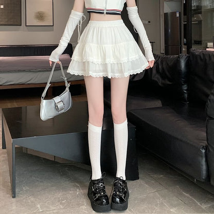 Waist Balletcore A-Line Elastic Plain Trim Skirt Tiered Mini Lace