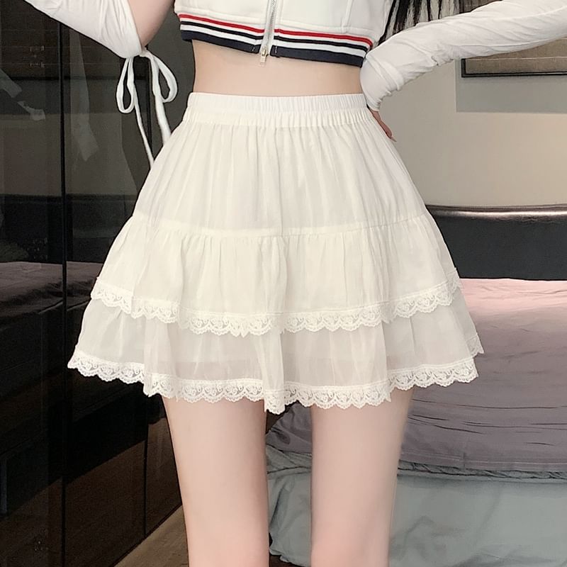 Waist Balletcore A-Line Elastic Plain Trim Skirt Tiered Mini Lace