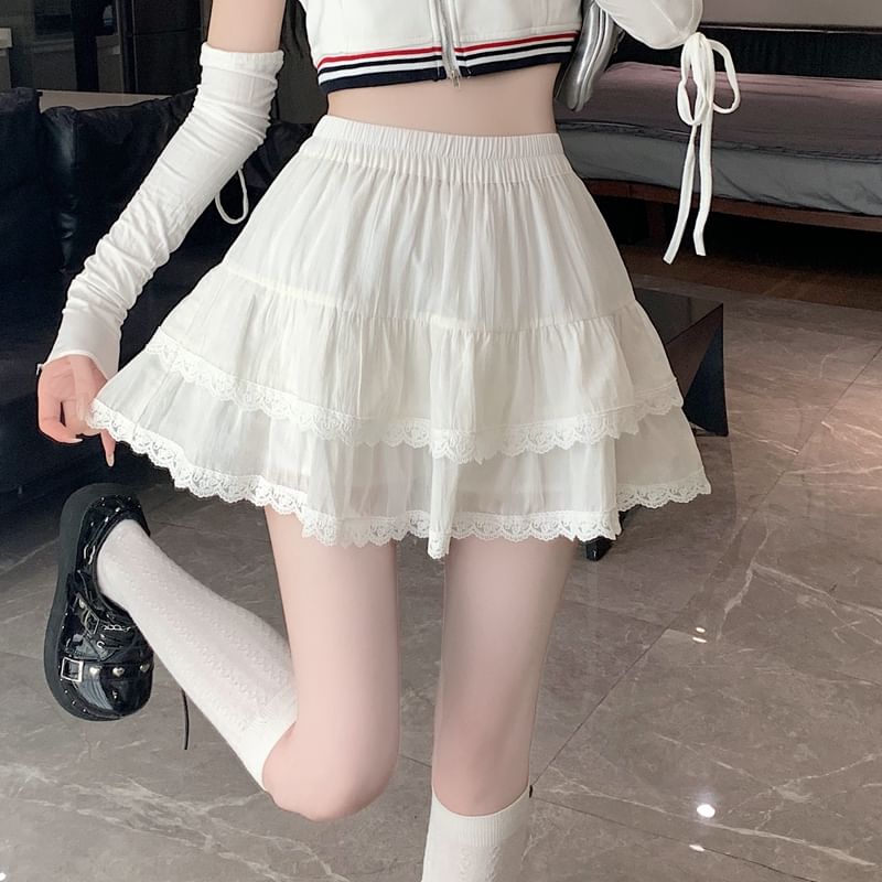 Waist Balletcore A-Line Elastic Plain Trim Skirt Tiered Mini Lace