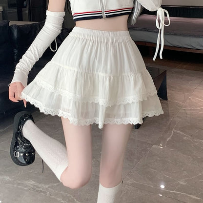 Waist Balletcore A-Line Elastic Plain Trim Skirt Tiered Mini Lace