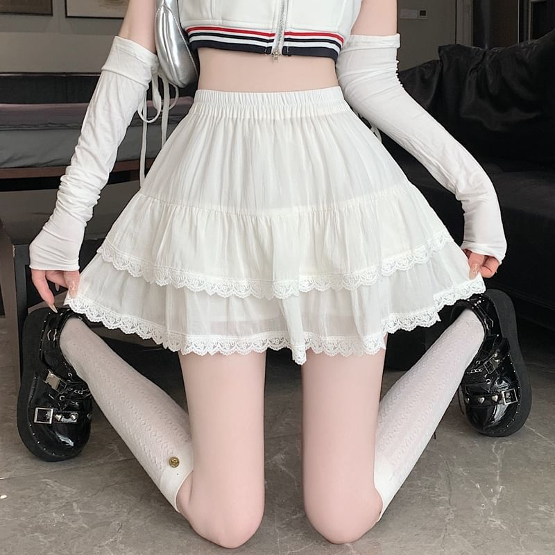Waist Balletcore A-Line Elastic Plain Trim Skirt Tiered Mini Lace