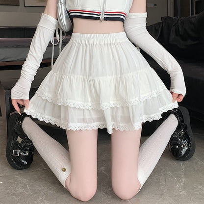 Waist Balletcore A-Line Elastic Plain Trim Skirt Tiered Mini Lace