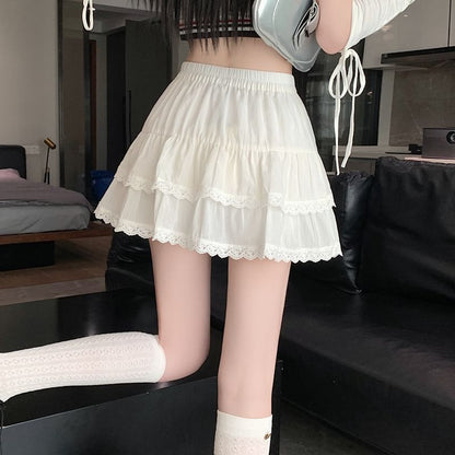 Waist Balletcore A-Line Elastic Plain Trim Skirt Tiered Mini Lace