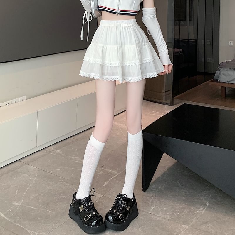 Waist Balletcore A-Line Elastic Plain Trim Skirt Tiered Mini Lace