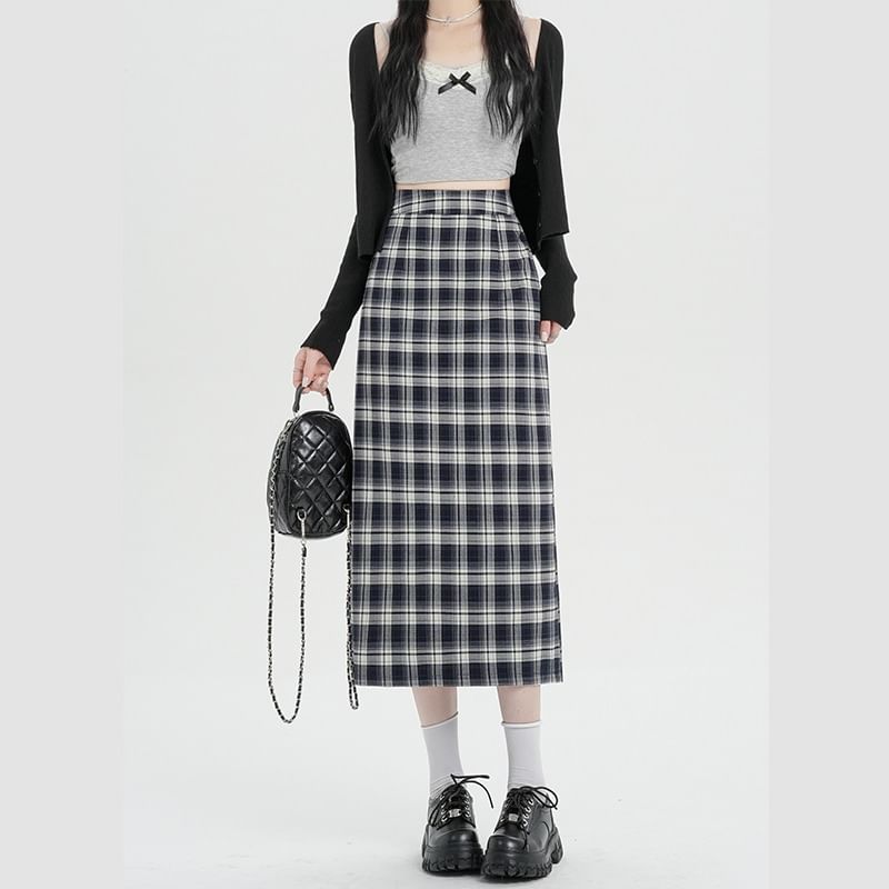 Midi Slit Waist Plaid H-Line Skirt High