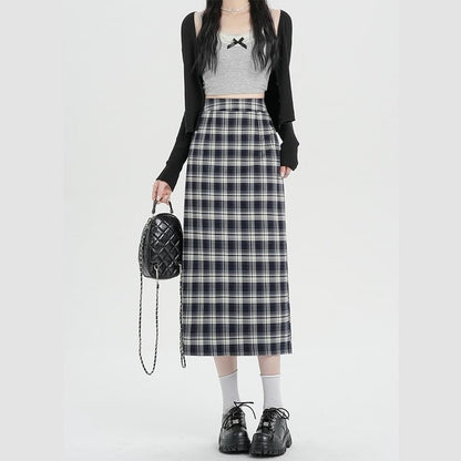 Midi Slit Waist Plaid H-Line Skirt High