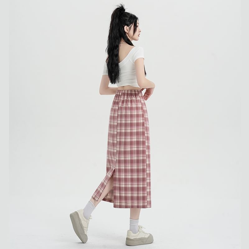 Midi Slit Waist Plaid H-Line Skirt High