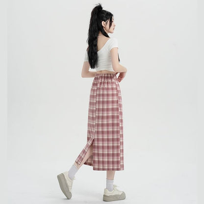Midi Slit Waist Plaid H-Line Skirt High