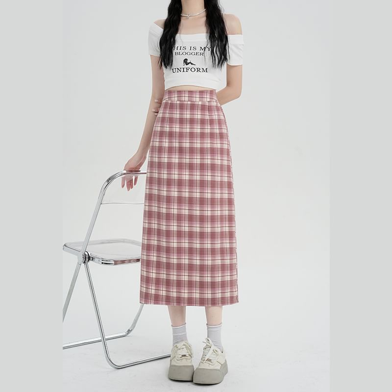 Midi Slit Waist Plaid H-Line Skirt High