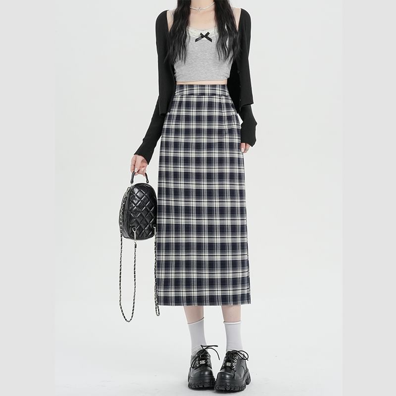 Midi Slit Waist Plaid H-Line Skirt High