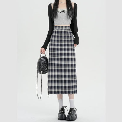 Midi Slit Waist Plaid H-Line Skirt High