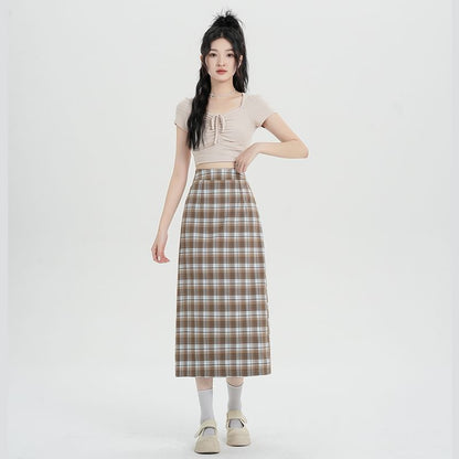 Midi Slit Waist Plaid H-Line Skirt High