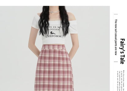 Midi Slit Waist Plaid H-Line Skirt High