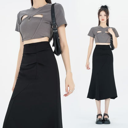 Ruched Waist Skirt Plain Fishtail High Midi