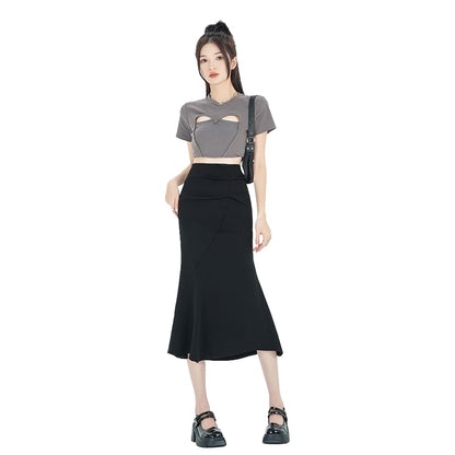 Ruched Waist Skirt Plain Fishtail High Midi