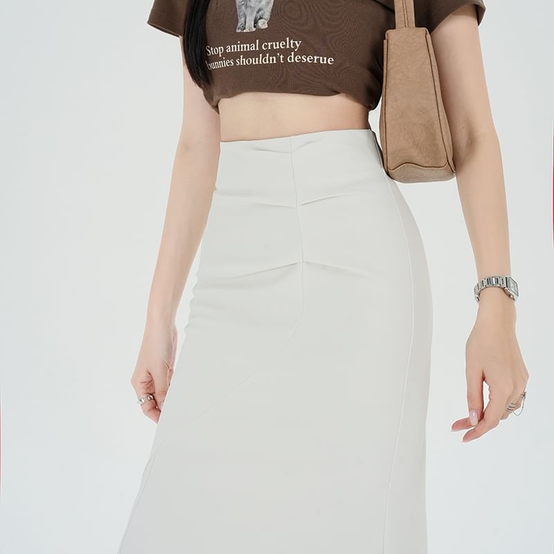 Ruched Waist Skirt Plain Fishtail High Midi