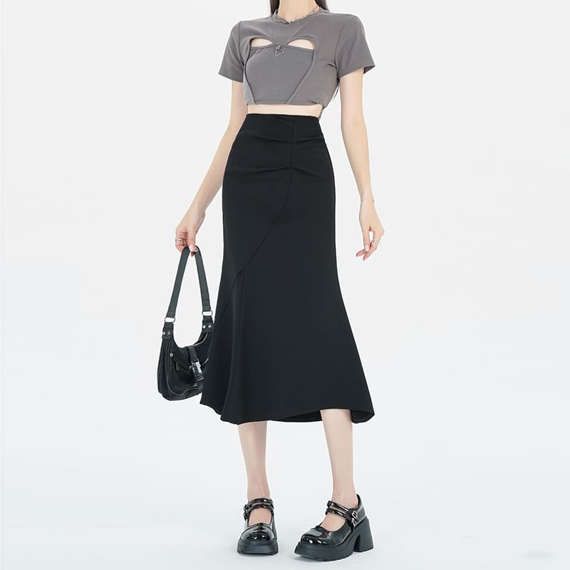 Ruched Waist Skirt Plain Fishtail High Midi