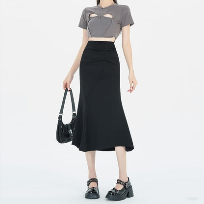 Ruched Waist Skirt Plain Fishtail High Midi