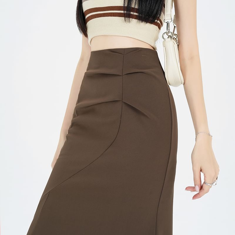 Ruched Waist Skirt Plain Fishtail High Midi