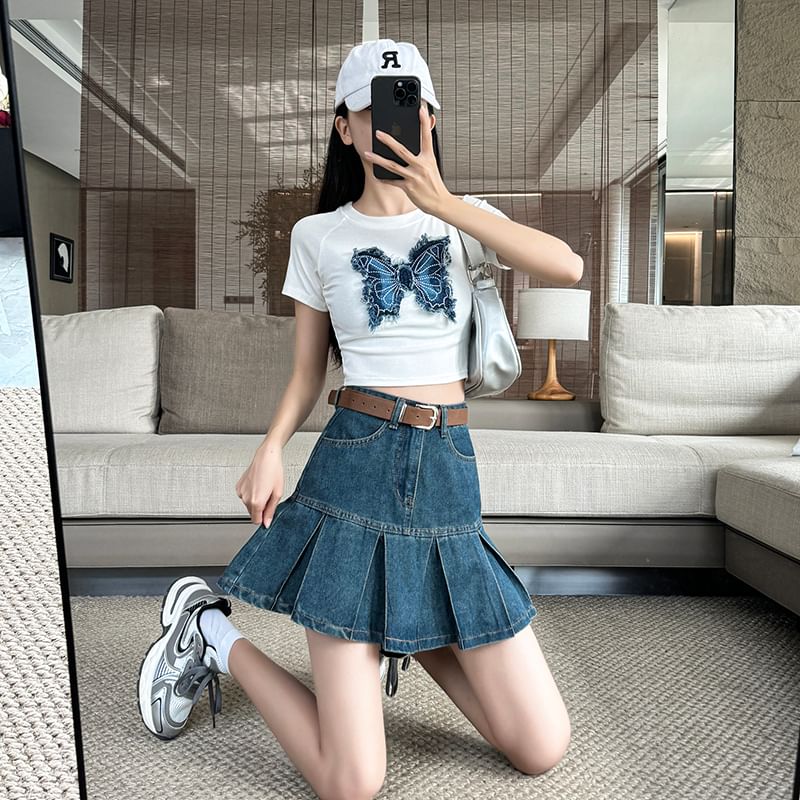 Mini Rise Pleated A-Line Skirt Denim High