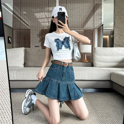 Mini Rise Pleated A-Line Skirt Denim High