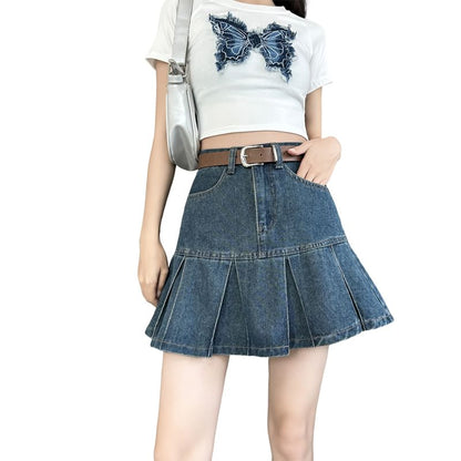 Mini Rise Pleated A-Line Skirt Denim High