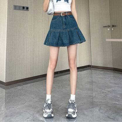 Mini Rise Pleated A-Line Skirt Denim High