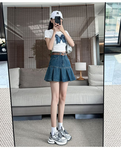 Mini Rise Pleated A-Line Skirt Denim High