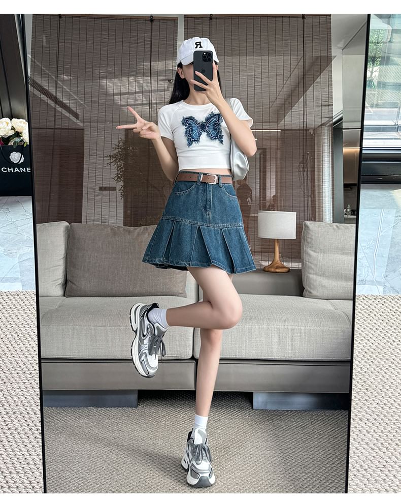 Mini Rise Pleated A-Line Skirt Denim High