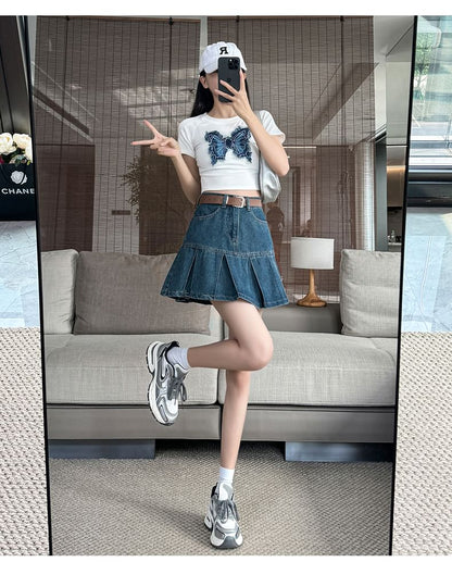 Mini Rise Pleated A-Line Skirt Denim High