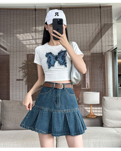 Mini Rise Pleated A-Line Skirt Denim High